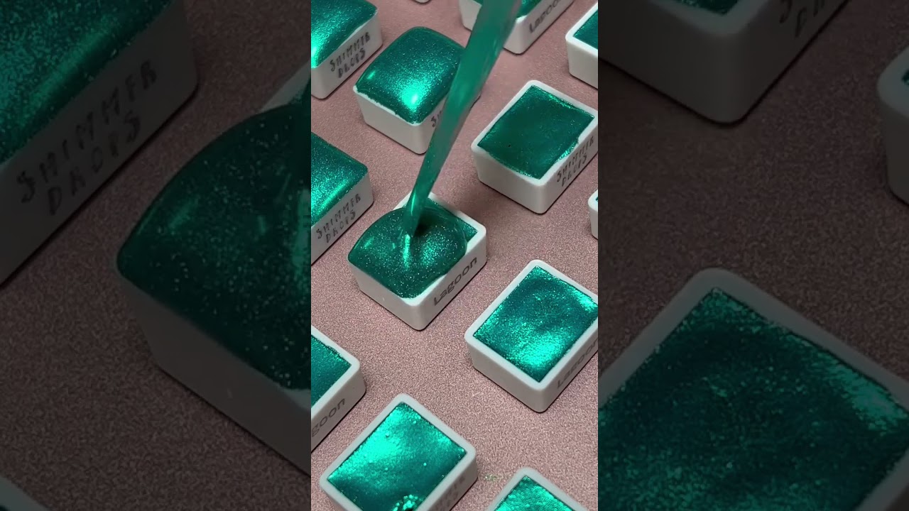 Handmade metallic watercolor paint called lagoon. Relaxing satisfying shimmerdropspaint.com