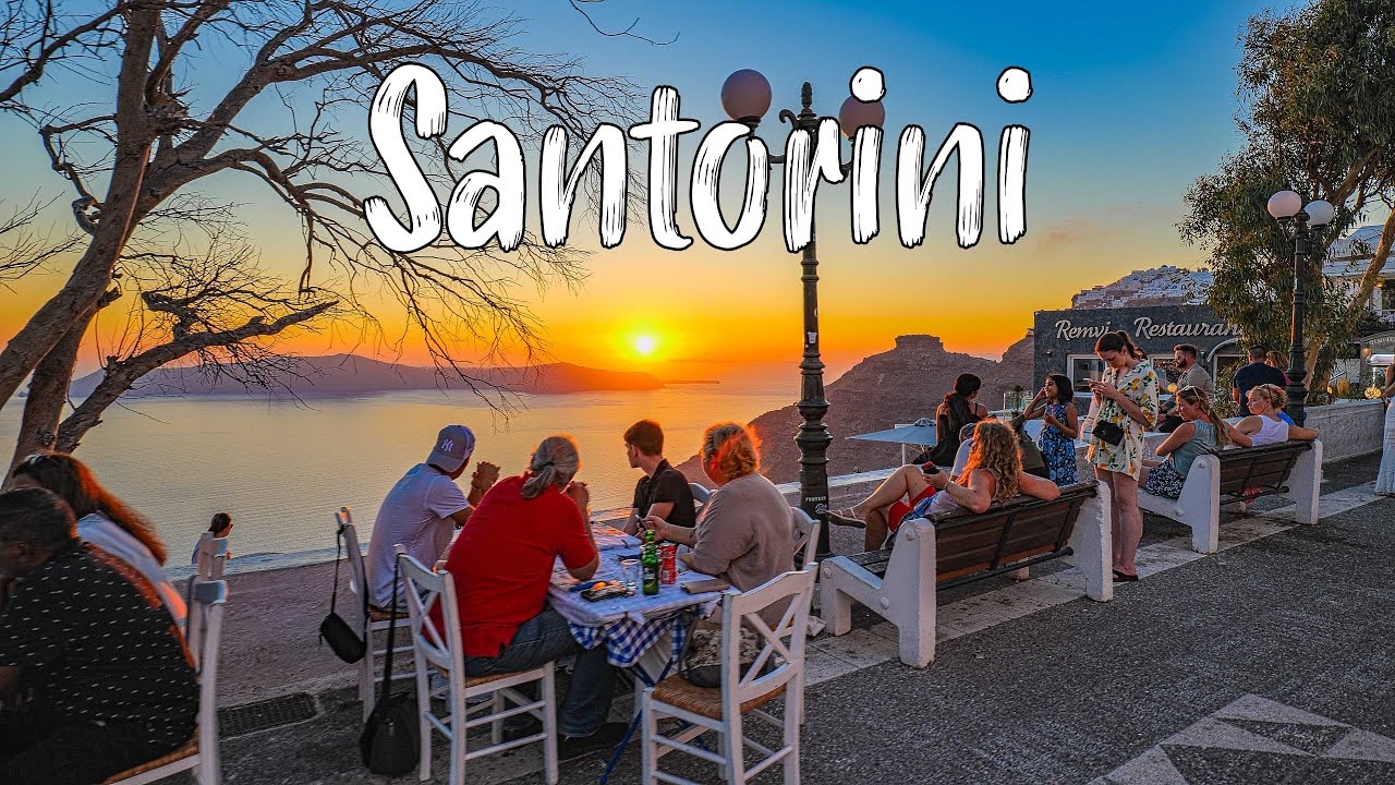 Santorini Greece, Fira (Thira) walking tour 4k, SUNSET 🌇 2023