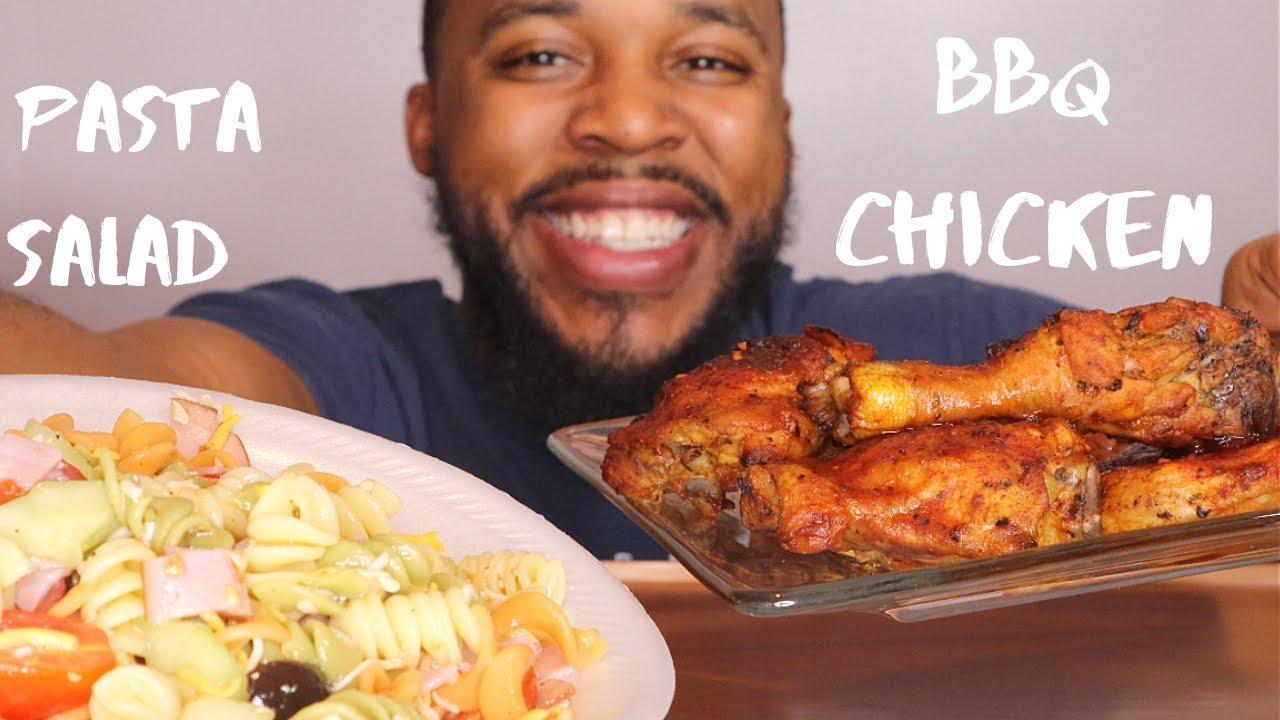 BBQ CHICKEN, PASTA SALAD, & BAKED BEANS MUKBANG