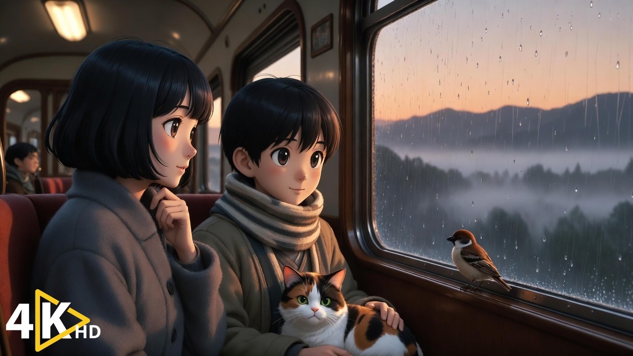 🚆Mountain Train Rain: Windows, Tea & Passing Lights. Ghibli-Style ASMR 🍵✨