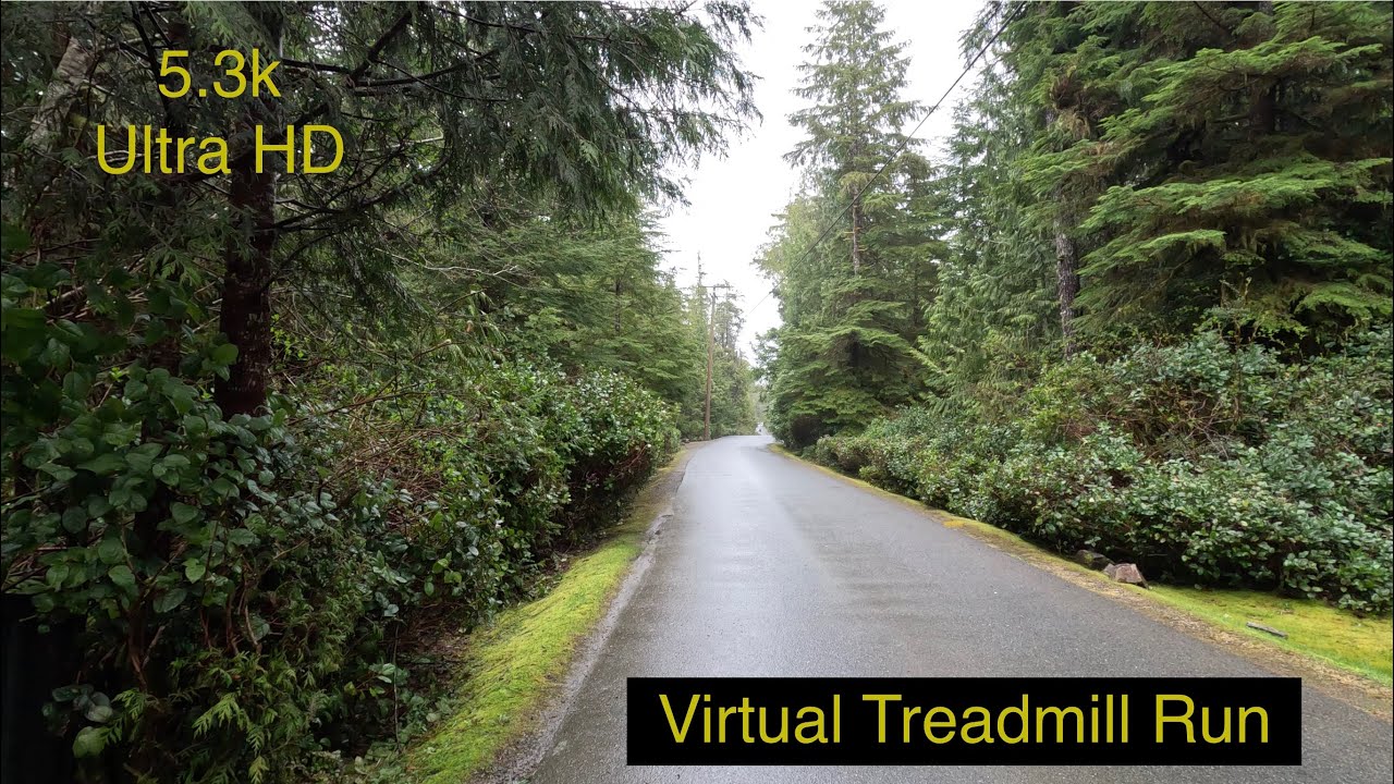 65 minute virtual treadmill run in 5.3k resolution-rainy day in Tofino, BC, Canada. Road/trail/beach