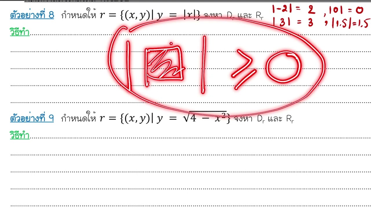 ตัวอย่างที่ 7 , 8 , 9 การหาโดเมนและเรนจ์ของความสัมพันธ์ ในรูปแบบบอกเงื่อนไข