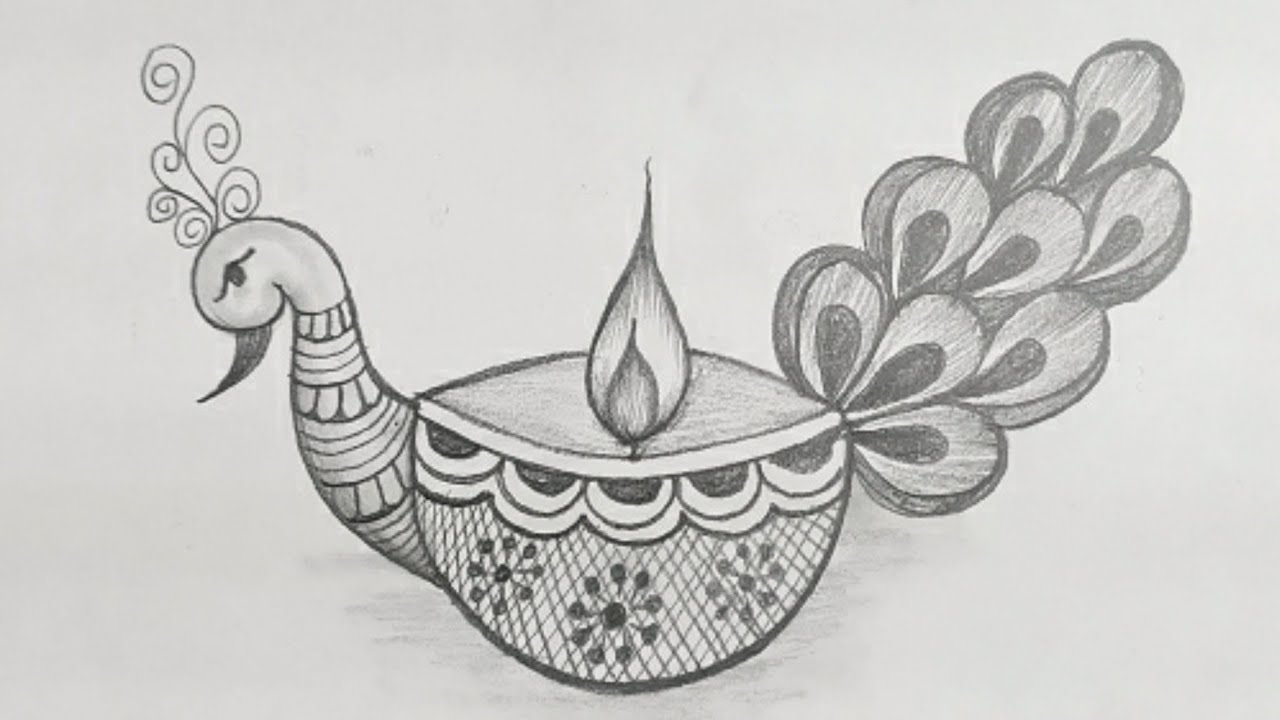 Diwali Diya Drawing Easy || How to Draw Beautiful Diya For Diwali || Peacock Diya Drawing