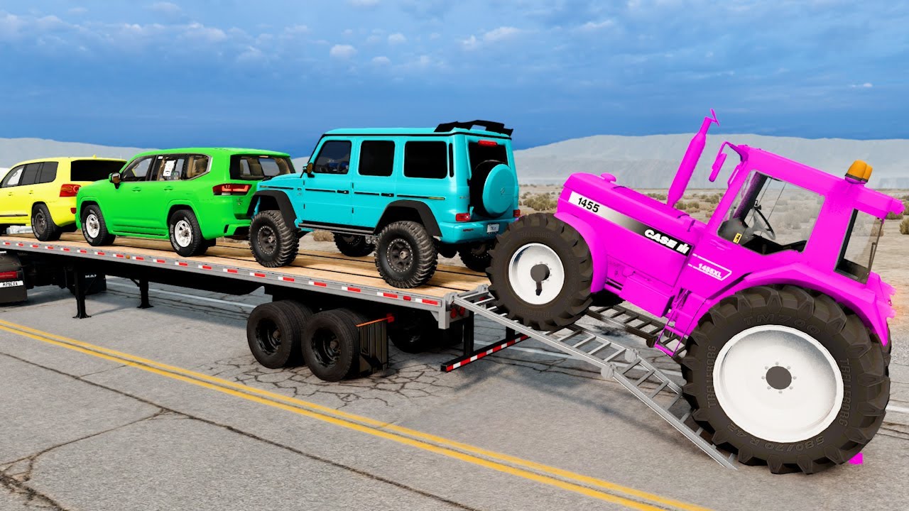 Flatbed Trailer McQueen Transportation with Truck - Speedbumps vs Cars vs Train - BeamNG.Drive #11