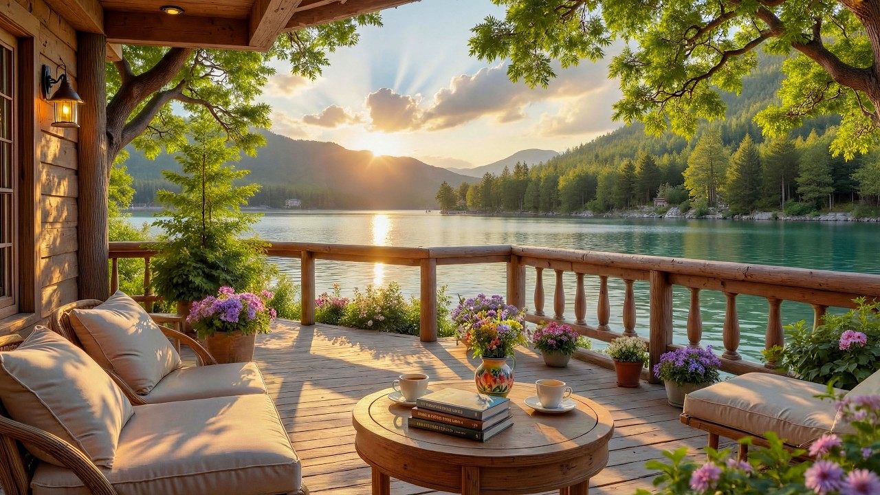 Golden Sunset by the Lakeside Cabin 🌅 Soft Piano & Nature Ambience for Study, Relax
