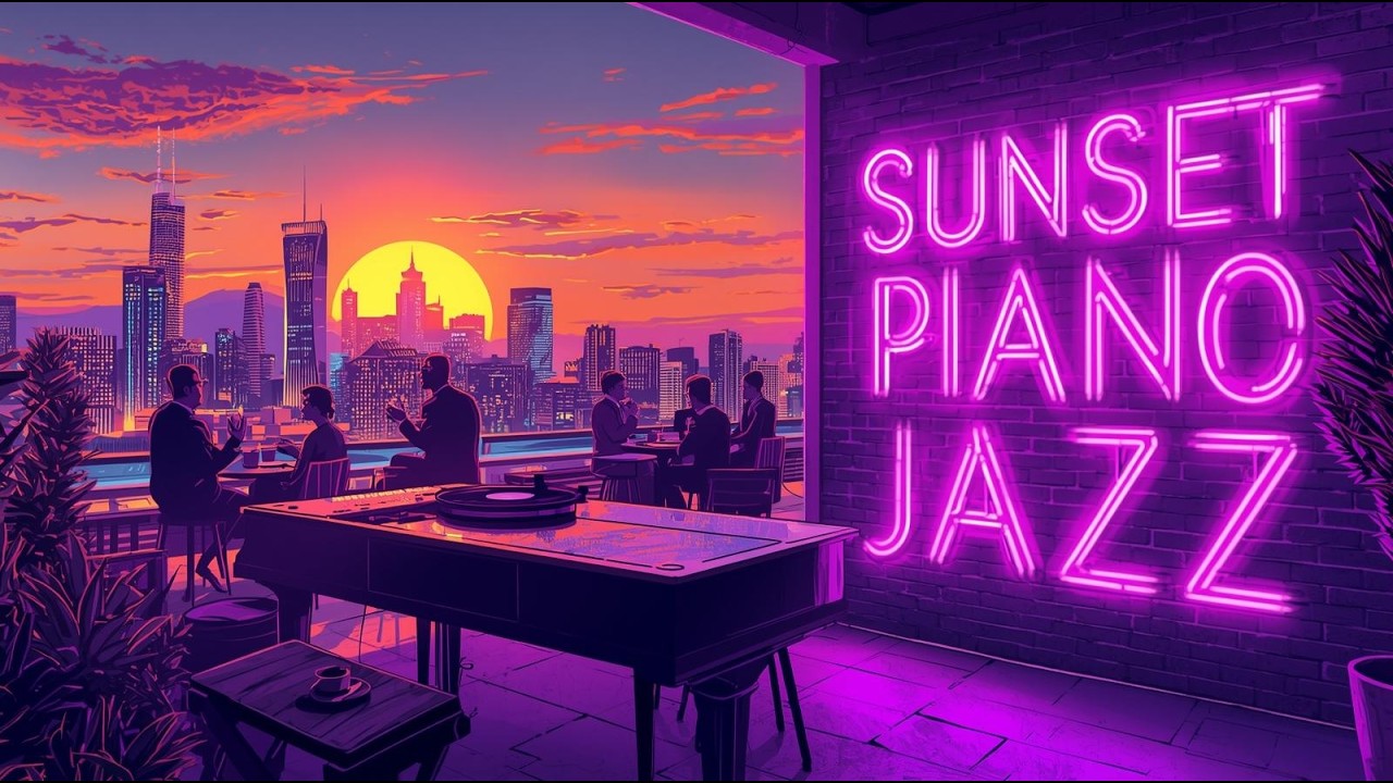🌆 Neon City Sunset Jazz | Smooth Coffee & Piano Vinyl Grooves by Purple
