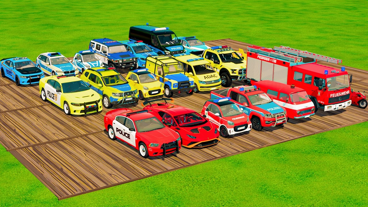 TRANSPORTING CARS, AMBULANCE, POLICE CARS & FIRE TRUCK OF COLORS WITH TRUCKS! | FS22