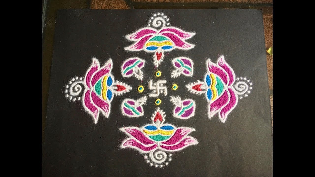 Simple Lotus Flower Rangoli Design with Beautiful Colours & Dots 11x1 For Beginners | Deepa Kolam