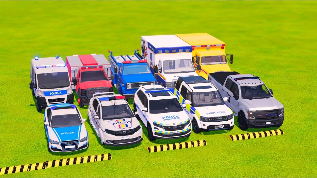 TRANSPORTING POLICE CARS, AMBULANCE, FIRE TRUCK, COLORFUL CARS WITH TRUCK -FARMING SIMULATOR 22!#01
