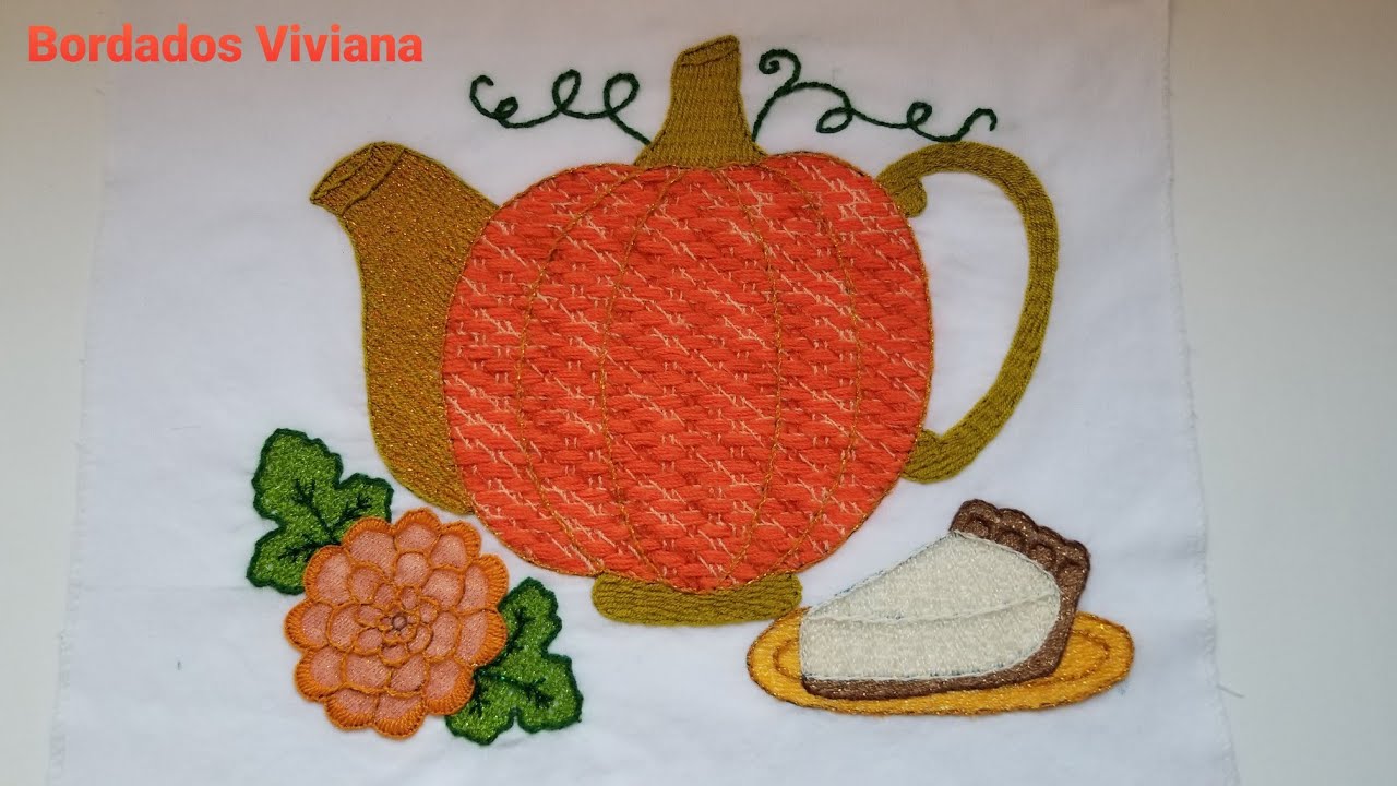 Bordado fantasia Diseño Tetera CALABAZA terminado