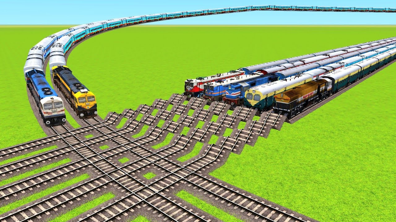 FIVE RISKY RAILWAY TRACKS TRAINS VS TWO FLYING RAILROAD TRAINS HIGH CROSS & CRASH|Train Simulator|