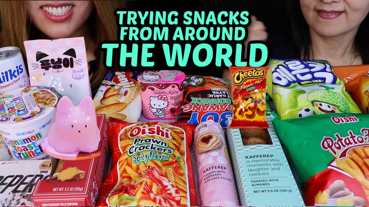 ASMR TRYING SNACKS FROM AROUND THE WORLD! Hello Kitty Chocolate, viral cat jelly 먹방