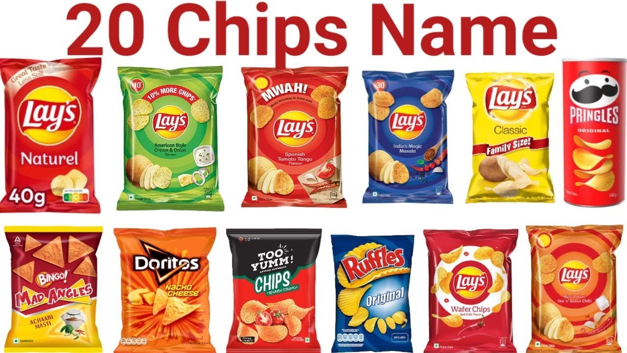 20 चिप्स🍟 के नाम सीखें बच्चों के लिए | Learn 20 Chips Name in English & Hindi with Picture for Kids