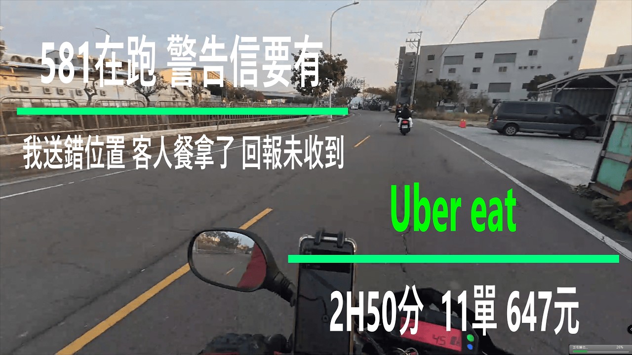 581在跑 警告信要有 今天收到警告信了,送錯位置 客人餐拿了 回報未收到, 今天 2H50分 11單 647元  1/28 Uber eat 外送
