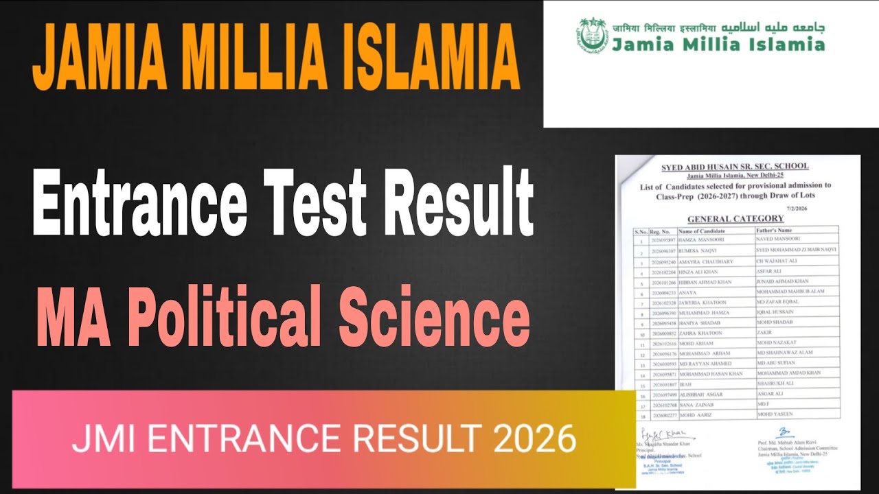 Jamia Millia Islamia Entrance Test MA Political Science Result 2026 Jamia Entrance Result 2026