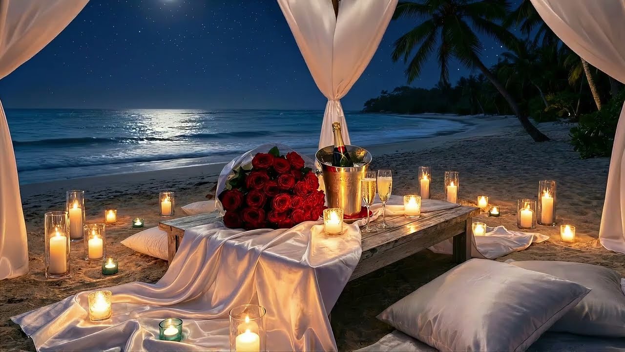4K Romantic Beach Night Ambience | Slow Relaxing Music for Love & Deep Relaxation