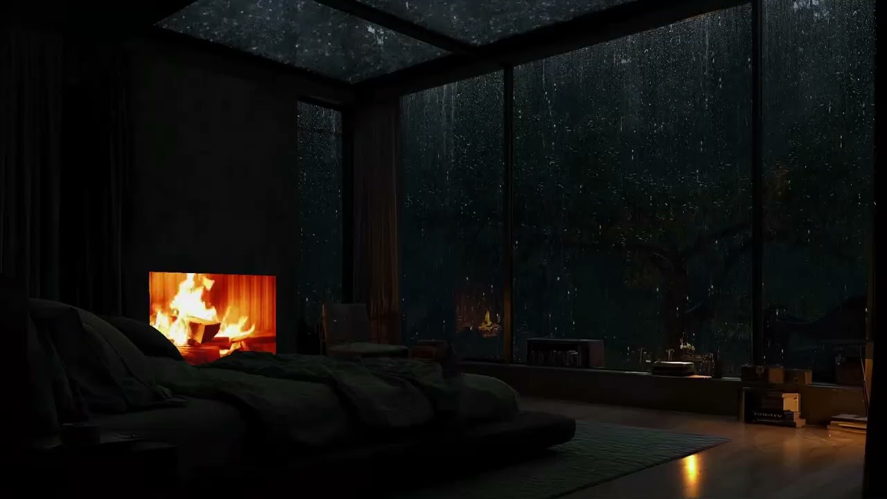Rain echoing through the trees while a small cabin rests in silence deep in the woods