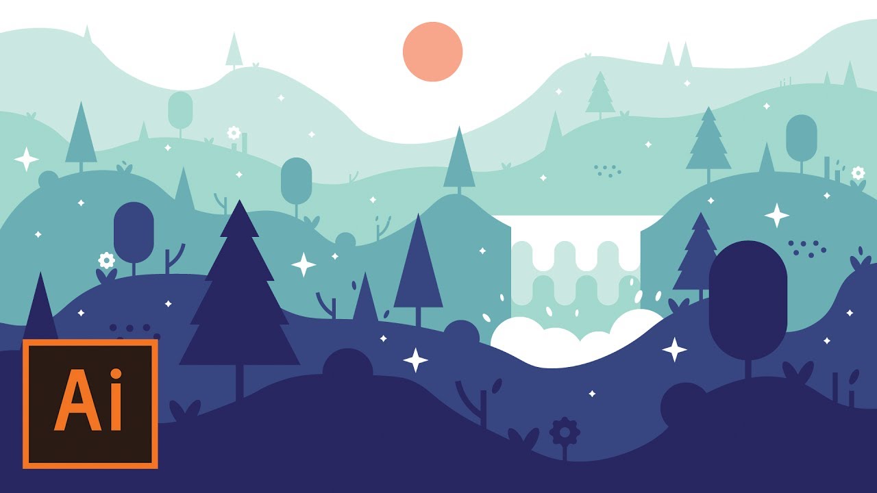 Illustrator Tutorial - Waterfall Landscape Flat Design (Illustrator Flat Design Tutorial)