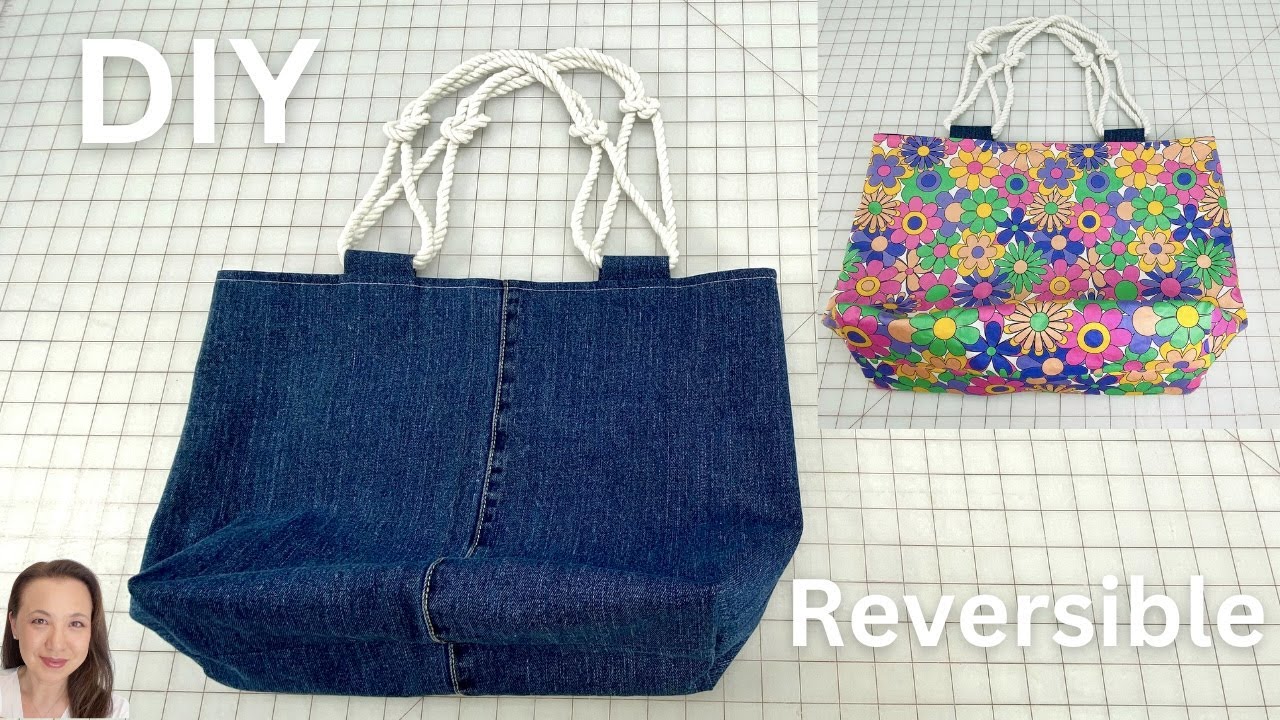 DIY Reversible Lined Tote Bag - Denim Jeans Bag with Knotted Rope Straps