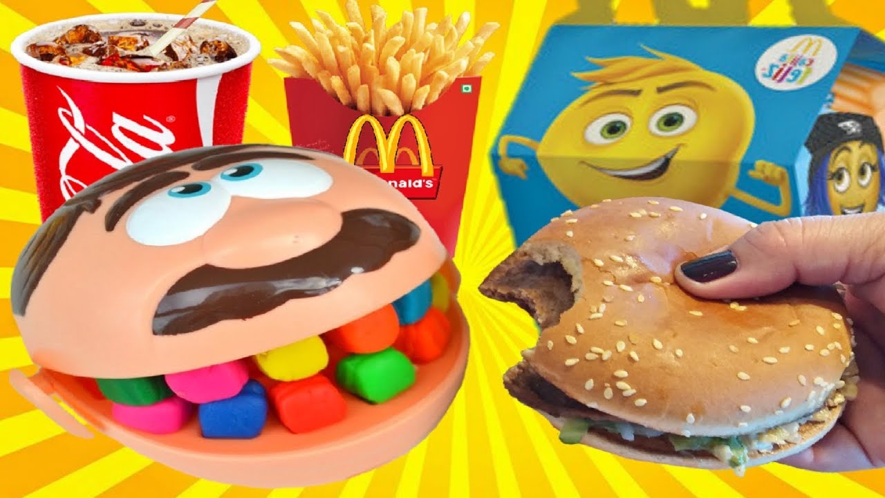 Jose Play-doh Dentista en Mcdonalds de Verdad 🍔comiendo Hamburguesa Patata Frita-Sorpresa de Emojis