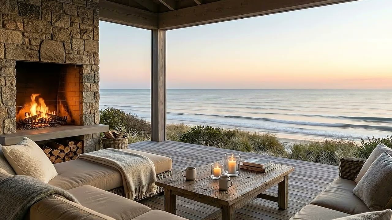 Coastal Fireplace Ambience at Sunset 🌅 | Ocean Waves and Smooth Jazz for Relaxing, Reading & Sleep