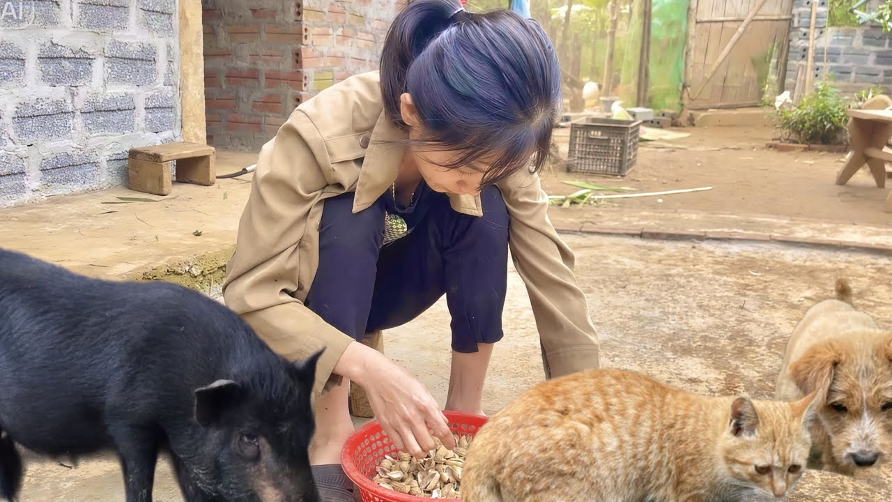 The girl built a farm and raised many different kinds of animals. She also made candy from peanuts.