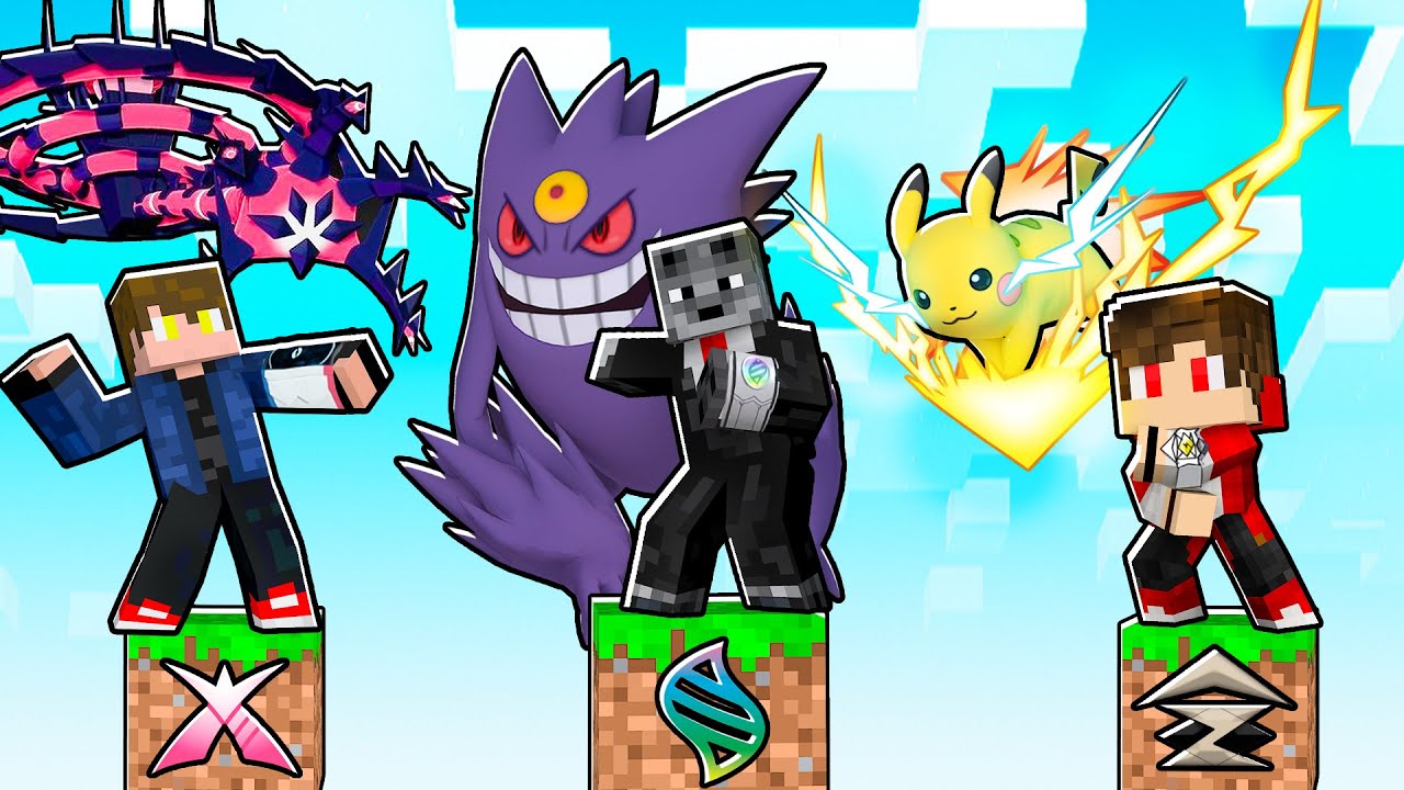 JOGANDO com POKEMON com MEGA EVOLUÇÃO vs GIGANTAMAX vs ATAQUE Z em APENAS UM BLOCO no MINECRAFT