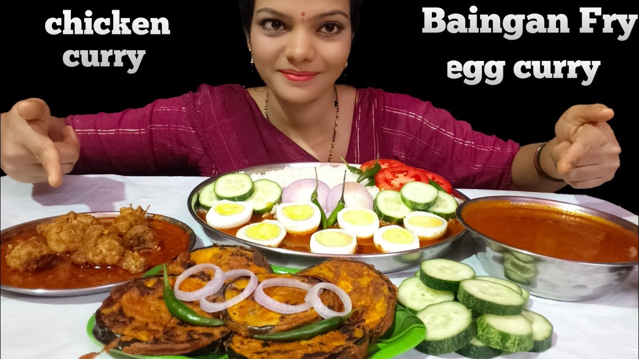 🔥 Eating Anda Curry,Spicy Egg Curry with Rice, 🌶️Masala Chicken Curry , baingan Fry 🤤