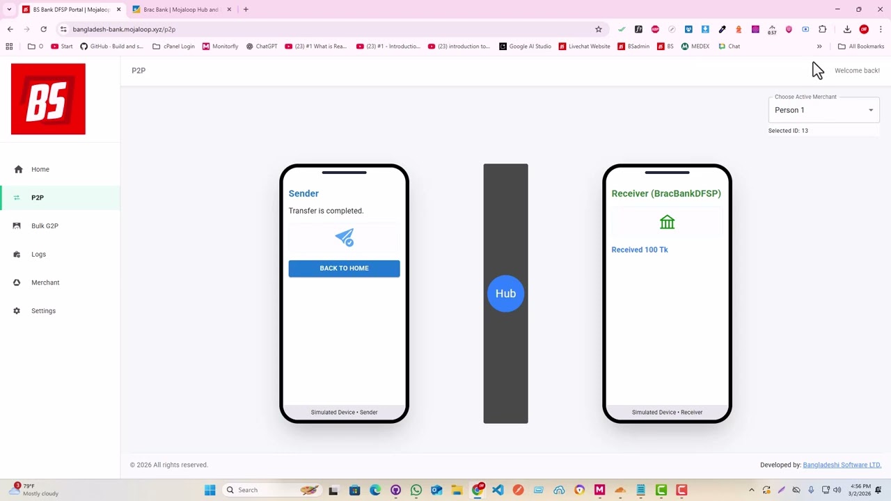 Real-World Mojaloop P2P Payment Demonstration (DFSP to DFSP), Presented by Bangladeshi Software LTD