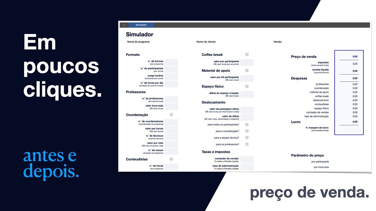 [Numbers/Excel] Planilha Empresarial - jeito f&aacute;cil de calcular pre&ccedil;o de curso (antes e depois)