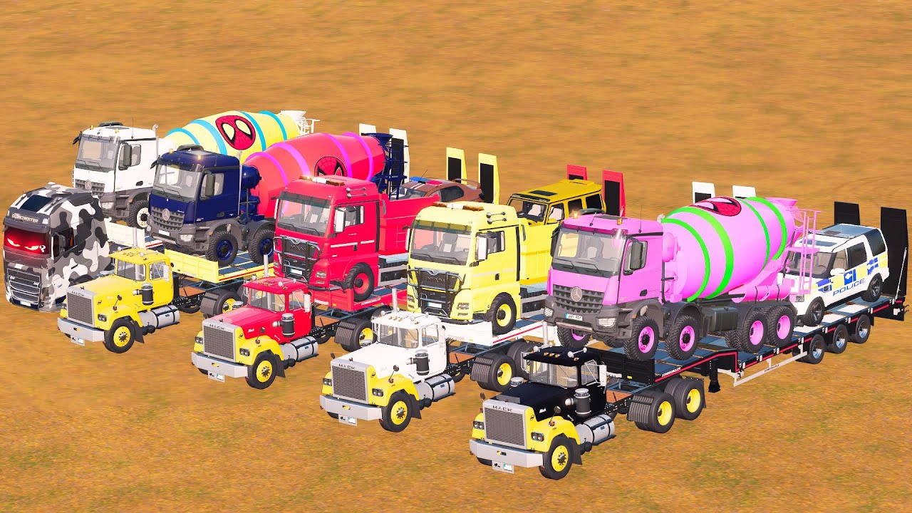 Garage with Colors - ALL MIXER TRUCK WITH DOUBLE FLATBED TRAILER TRUCK, VOLVO, PETERBILT, MAN