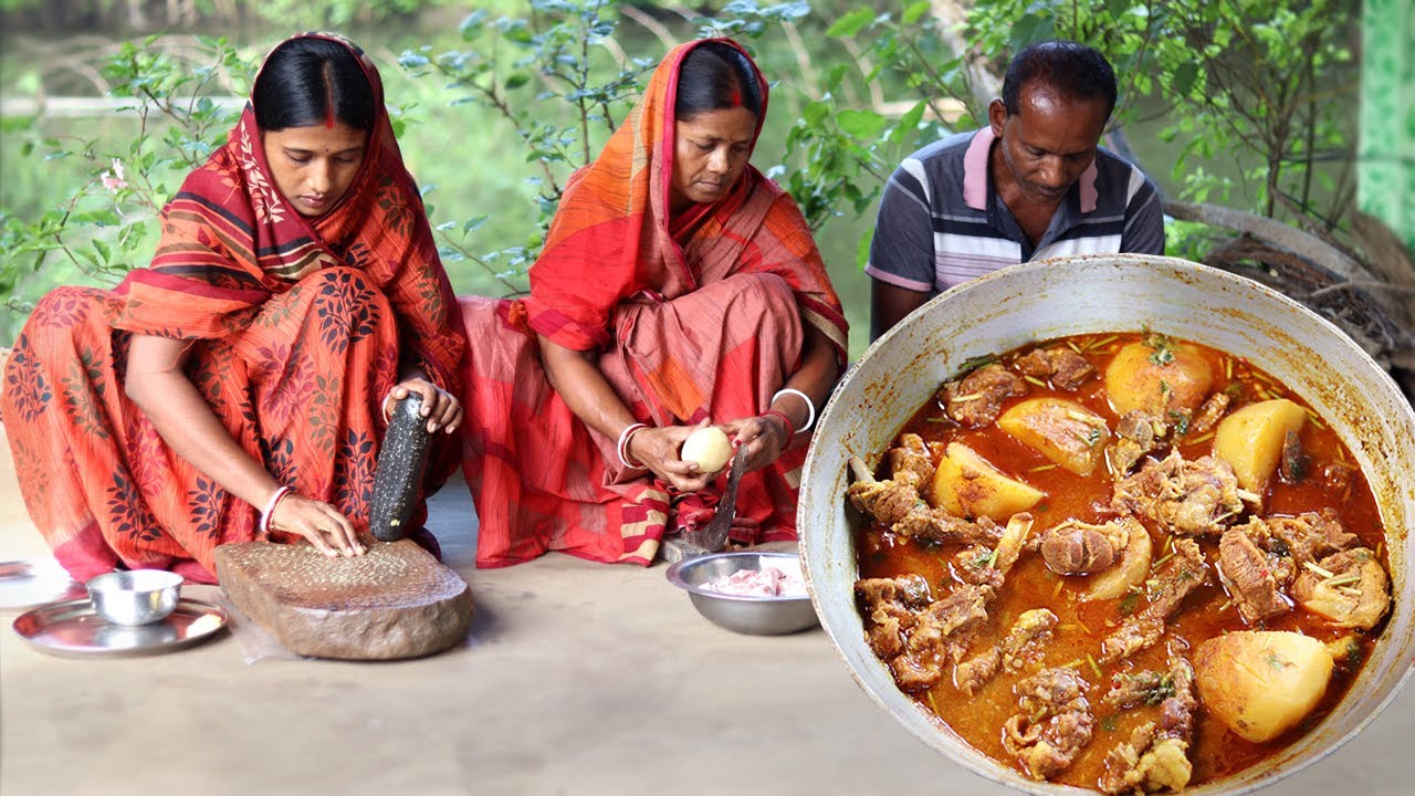 সম্পূর্ন বাটা মশলায় বাবার হাতে খাসি মাংসের স্পেশাল রান্না || ouick & easiest mutton recipe