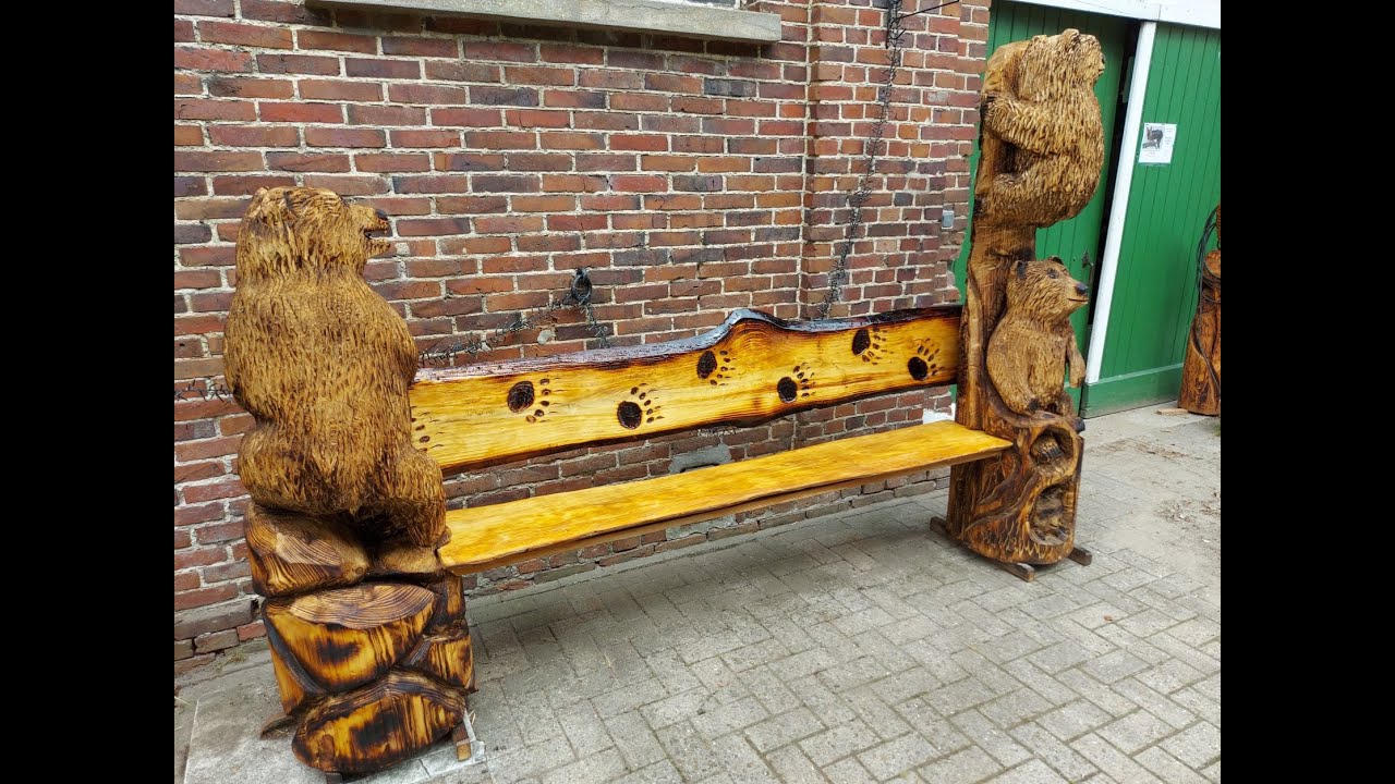 Amazing Bearbench: Bears climbing with raccoon, vines & woodspirit carved with chainsaw Step by Step