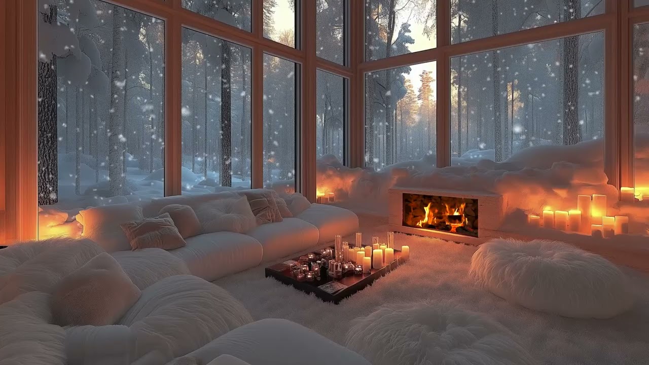 Calm Piano Ambience with Cozy Fireplace and Snowy Silence for Rest and Reflection