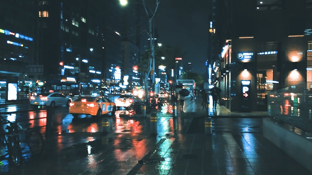 Seoul Gangnam Rain Walks / Street Ambience ASMR / White Noise