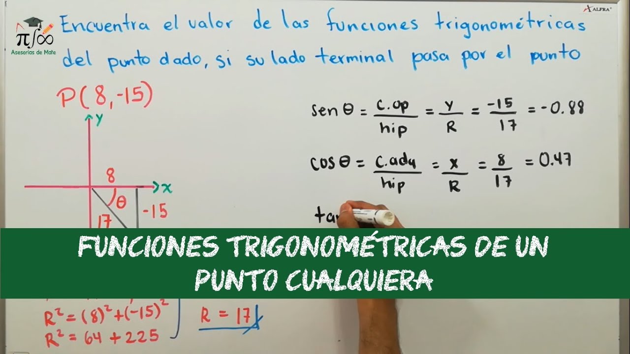 Encontrar el valora de las razones trigonométricas si su lado terminal pasa por el punto P(8,-15)