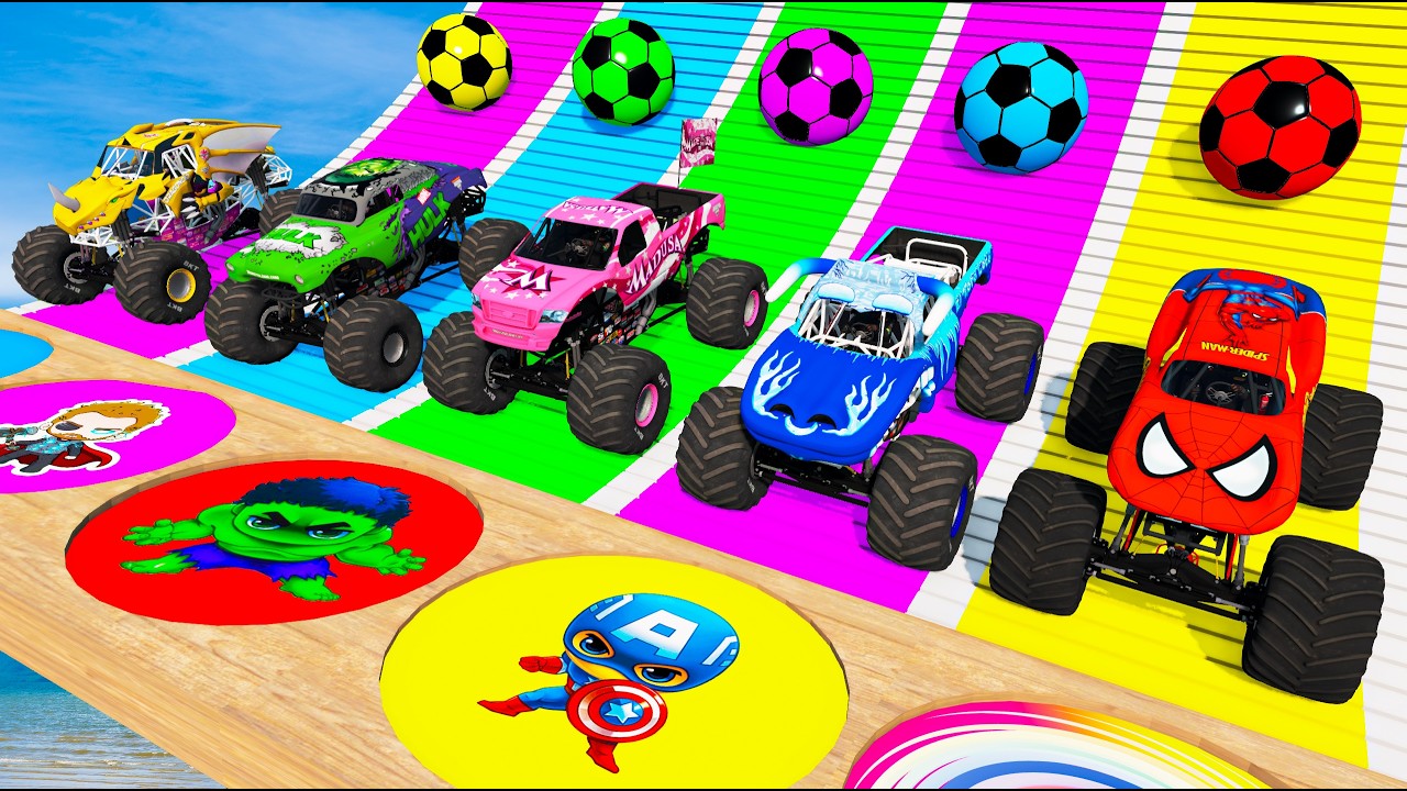 Double Flatbed Trailer Monster Trucks Transport with Slide Color - Cars vs Speed bump - BeamNG