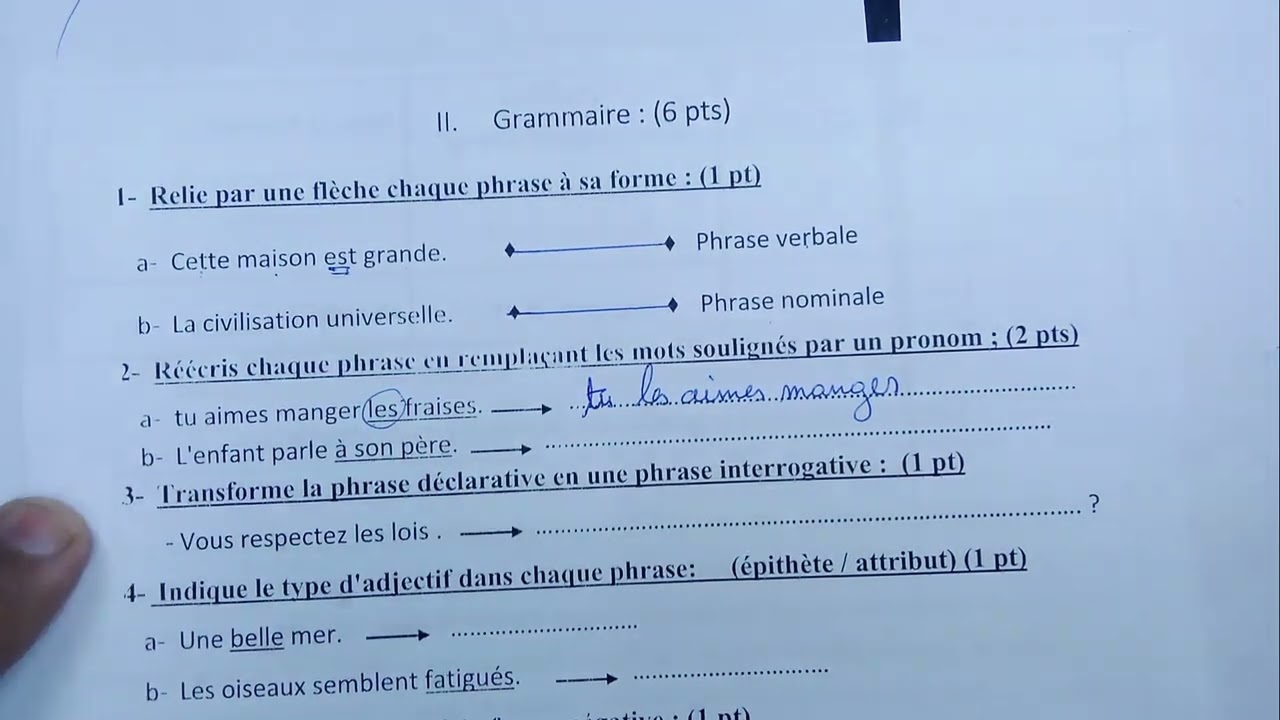 نموذج للامتحان الموحد المستوى السادس ابتدائي  اللغة الفرنسية