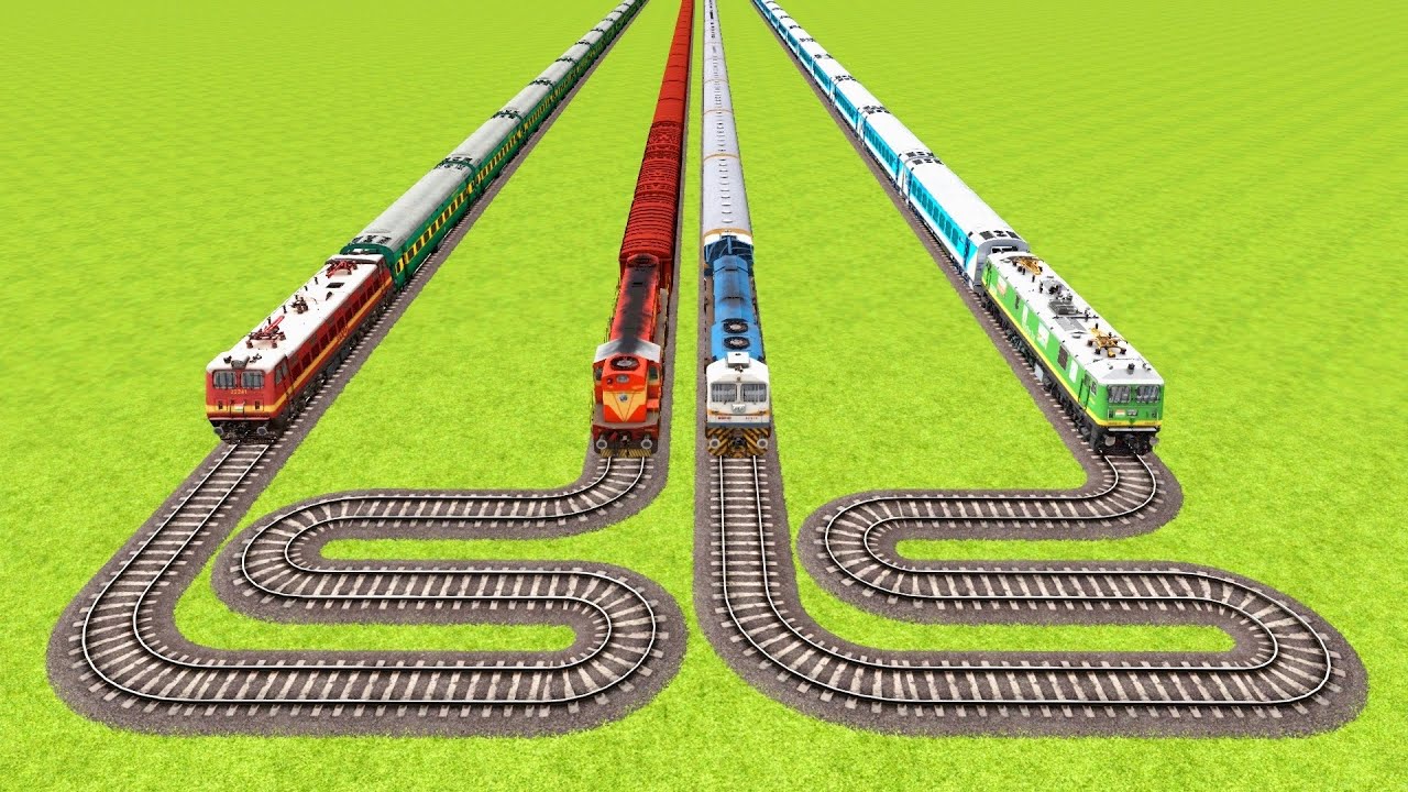 FOUR TRAIN VS CRAZY ROLLING ON ZIGZAG LOOP LIKE A SNAKE TURNS RAILROAD CROSSING ▶️ Train Simulator  