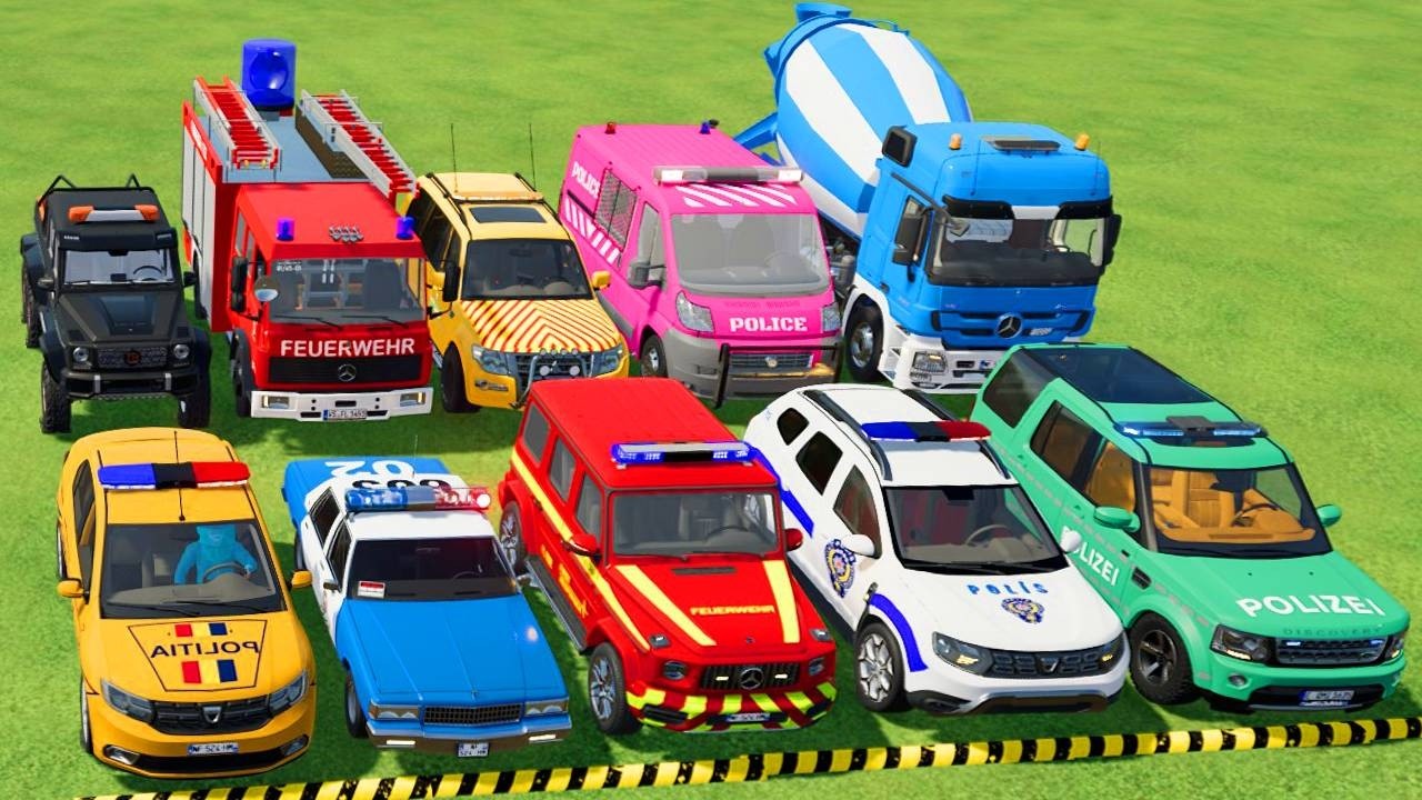 TRANSPORTING POLICE CARS, AMBULANCE, FIRE TRUCK, COLORFUL CARS WITH TRUCK -FARMING SIMULATOR 22!