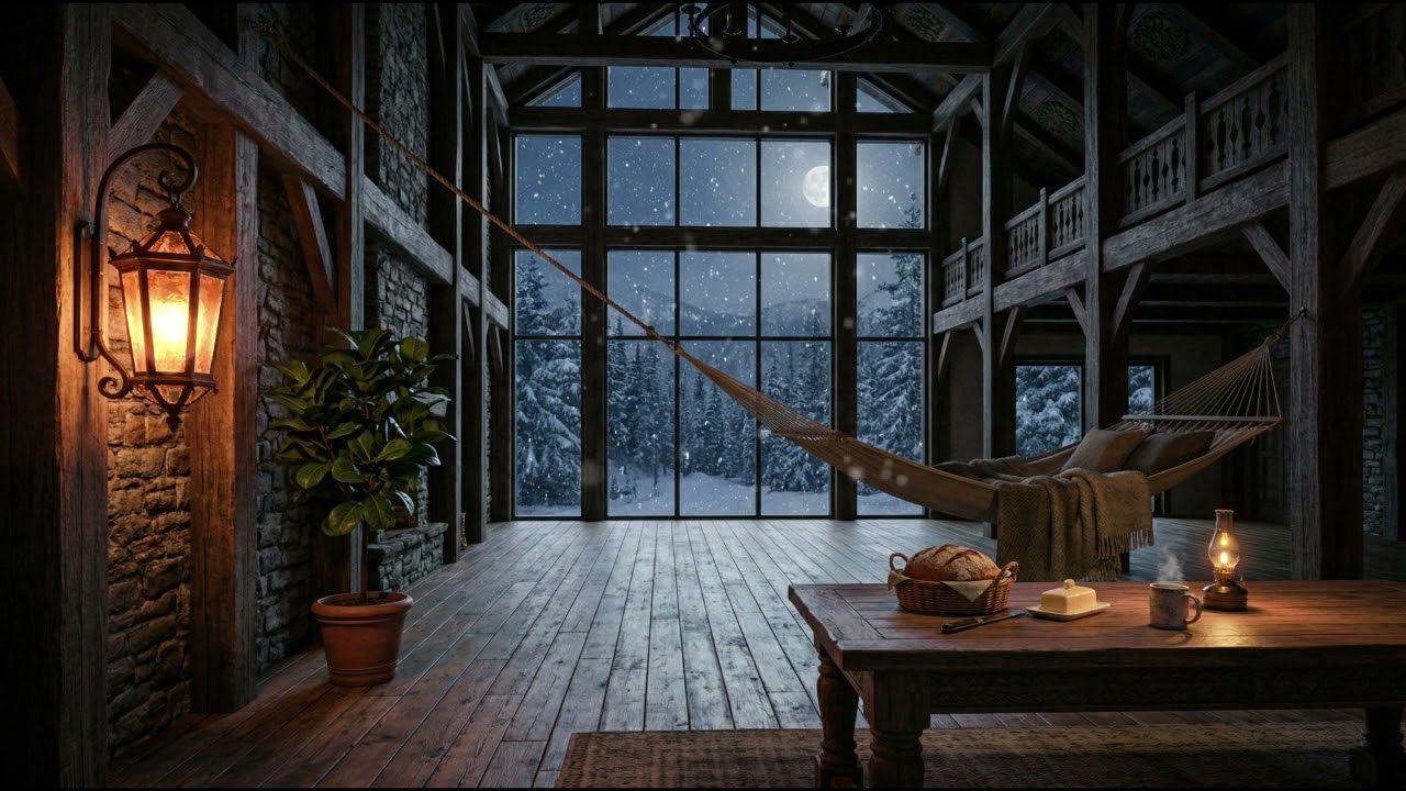 Winter Cabin Restful Silence – Warm Lantern Glow, Moonlit Snow & Deep Winter Calm
