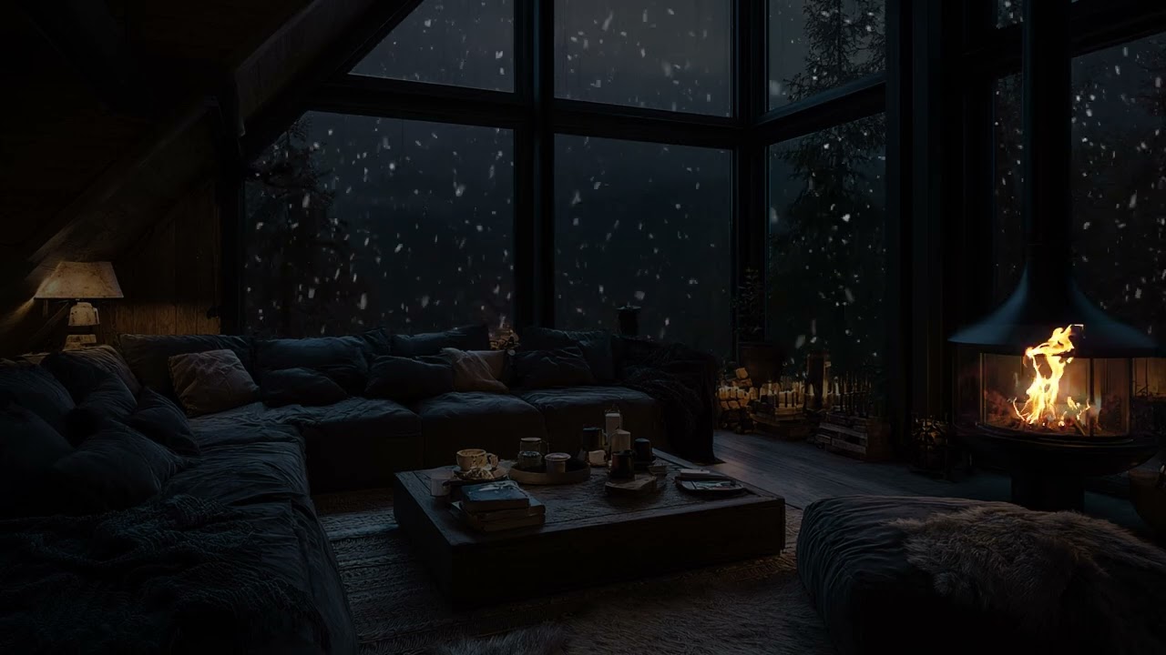 For Sleep and Relaxation – Cozy Snow Cabin with Crackling Fireplace and Falling Snow Sounds