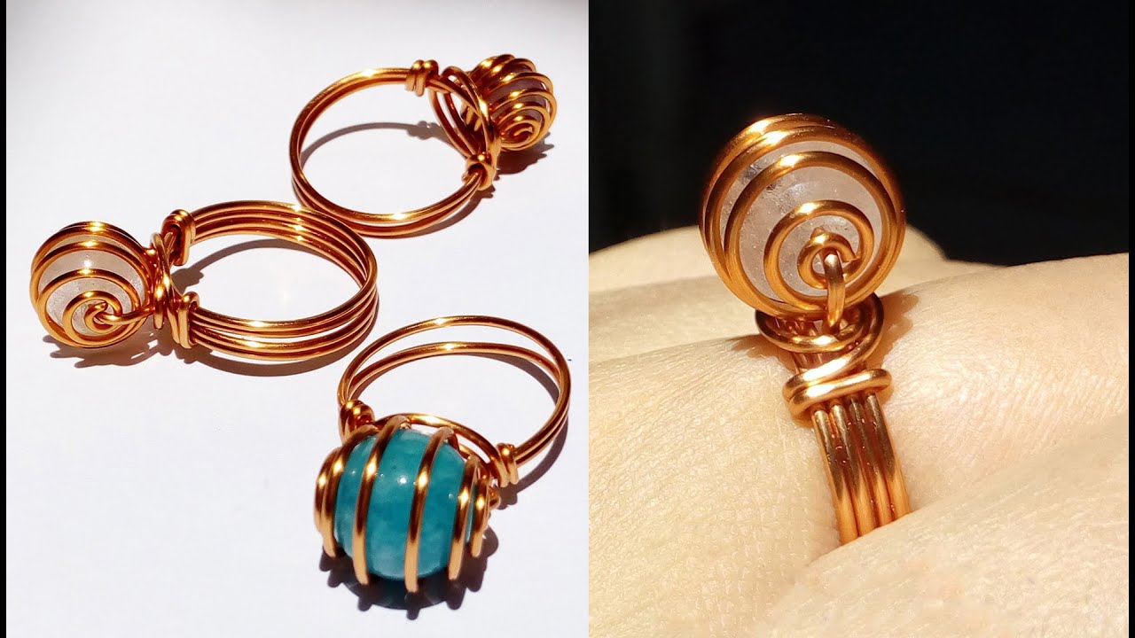Spiral ring with spherical stone - Simple jewelry from copper wire 403