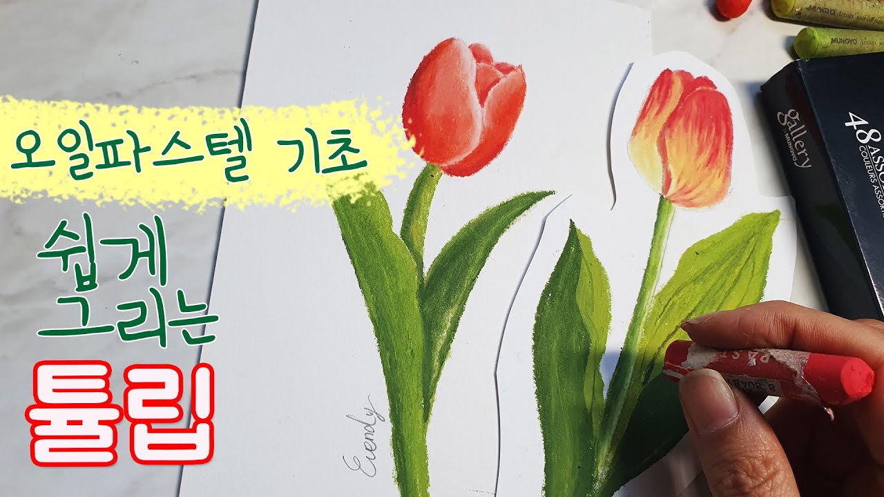 오일파스텔 꽃|쉬운 튤립그리기|문교오일파스텔48색