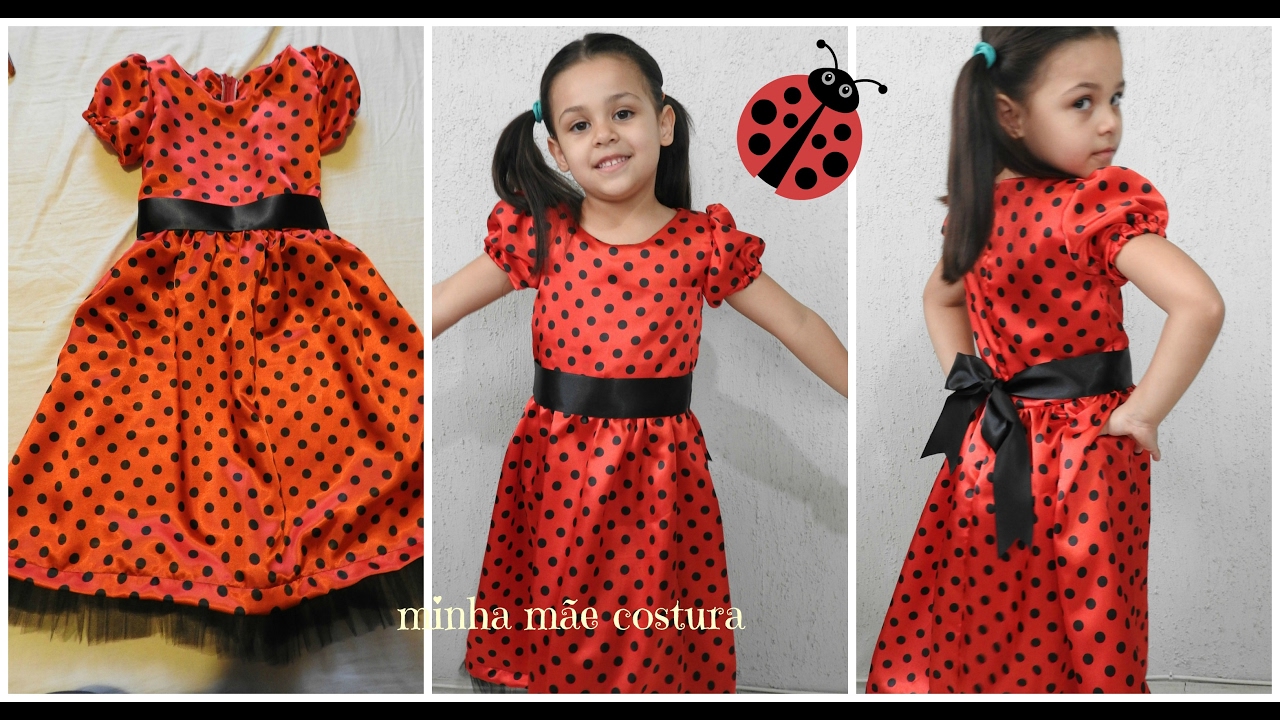 VESTIDO COM MANGA FRANZIDA COSTURA   ESTILO LADYBUG