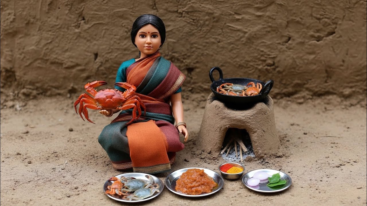 Miniature Doll Crab Roast Cooking ASMR | Indian Village Tiny Kitchen Story