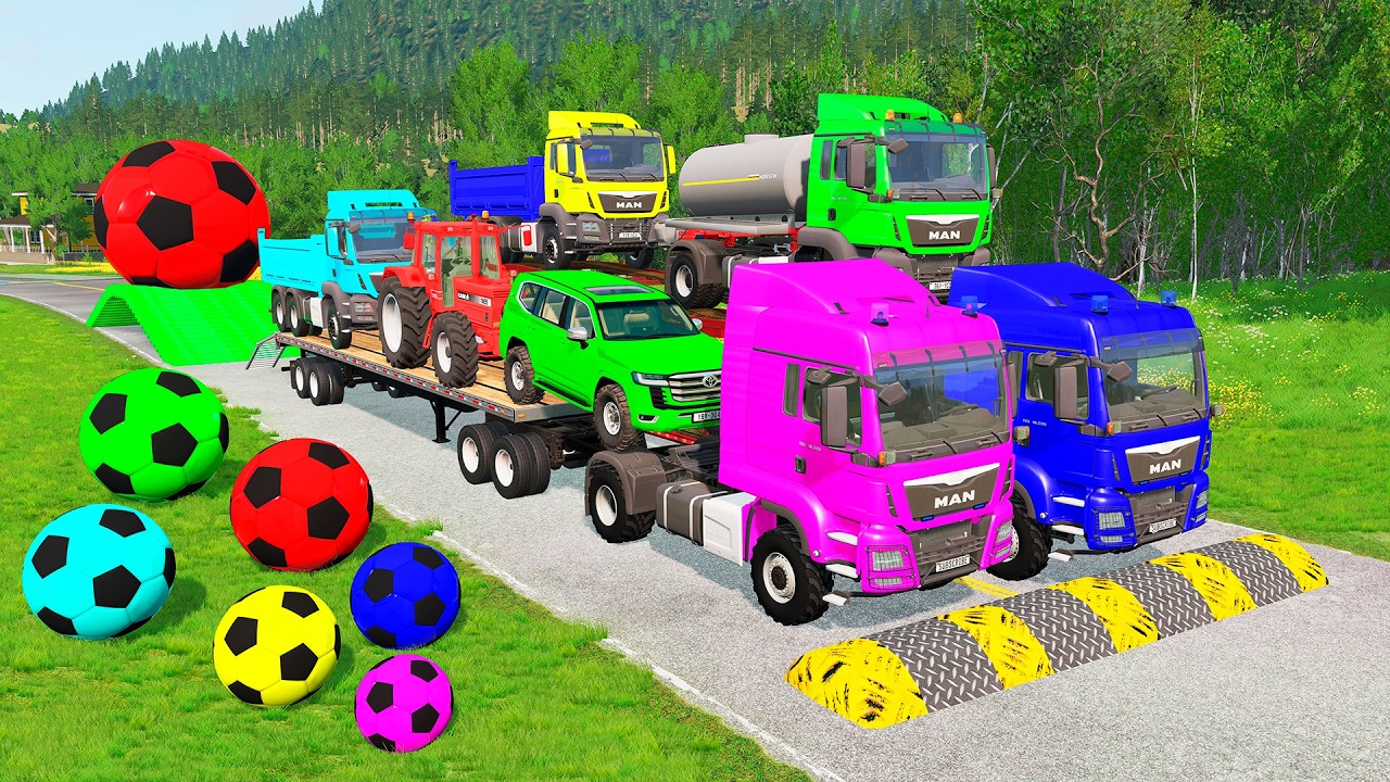 Flatbed Trailer McQueen Transportation with Truck - Speedbumps vs Cars vs Train - BeamNG.Drive #76