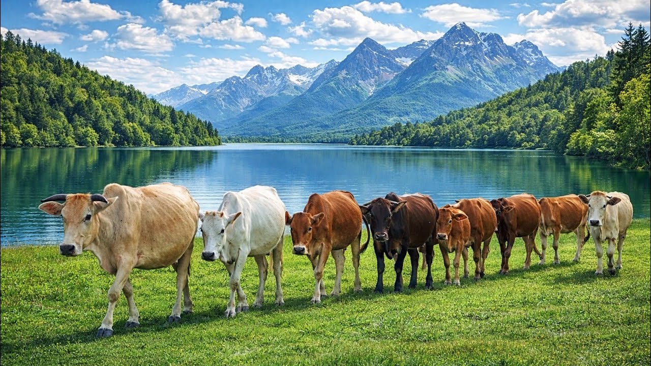 “A Herd of Cows Mooing as They Walk Together Toward the Green Pasture, the Sounds of Gentle Cattle.”