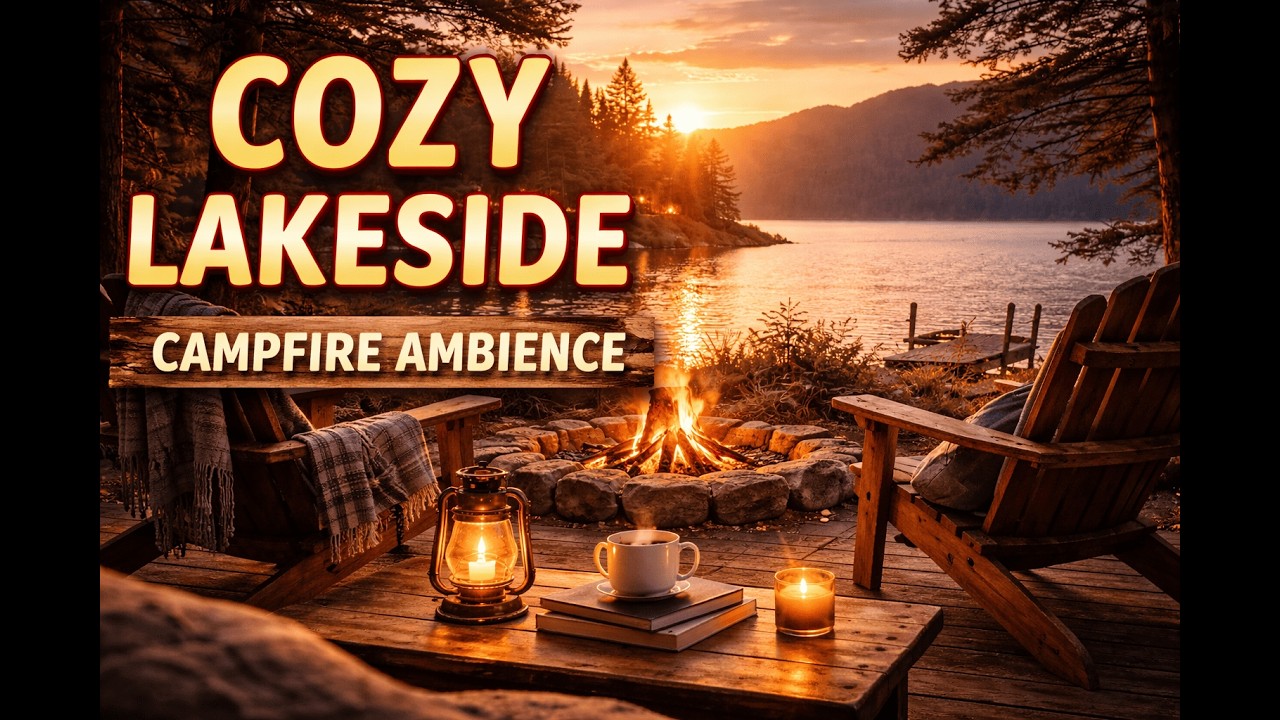 Cozy Lakeside Campfire Ambience at Sunset 🔥 Relaxing Nature Sounds for Sleep & Relaxation (1 Hour)