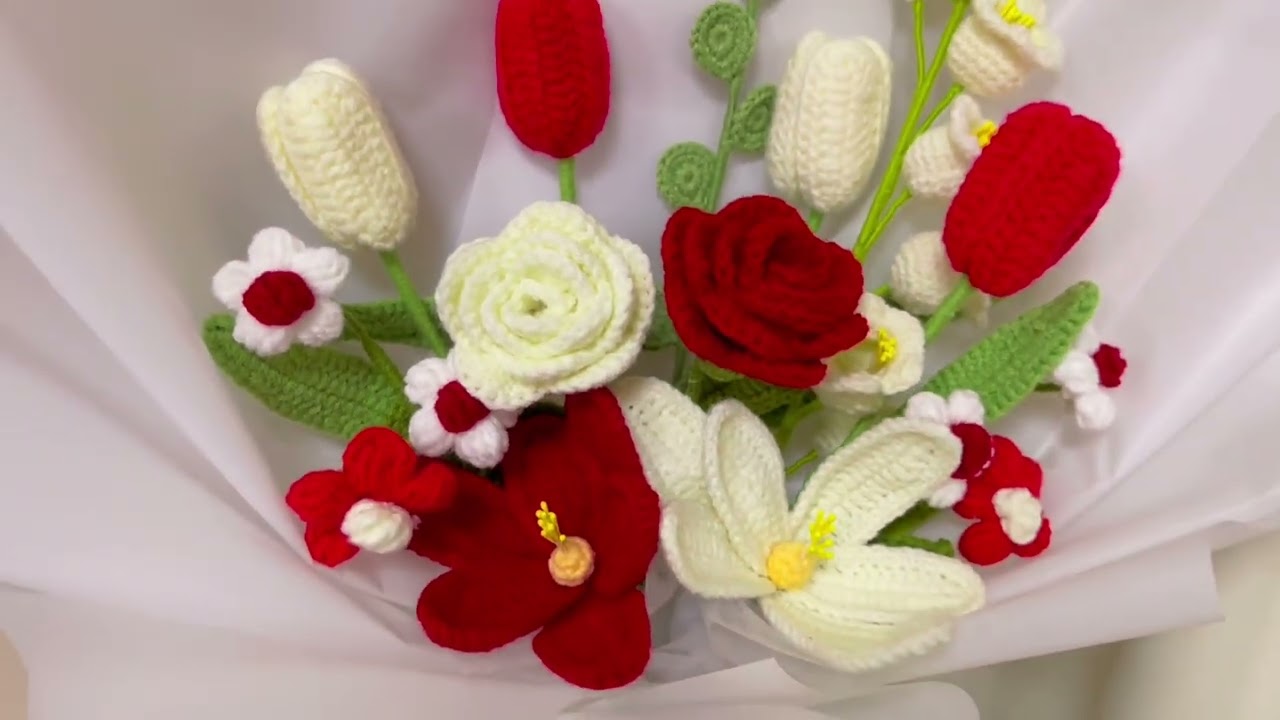 Crimson Harmony: Handmade Crocheted Floral Bouquet